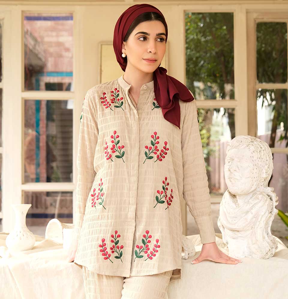 Beige Embroidered Co-ord Set - Eshaal Mishkaat