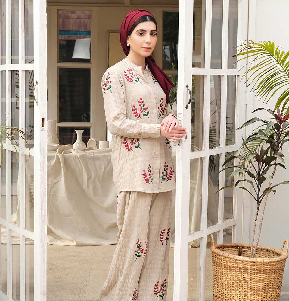 Beige Embroidered Co-ord Set - Eshaal Mishkaat