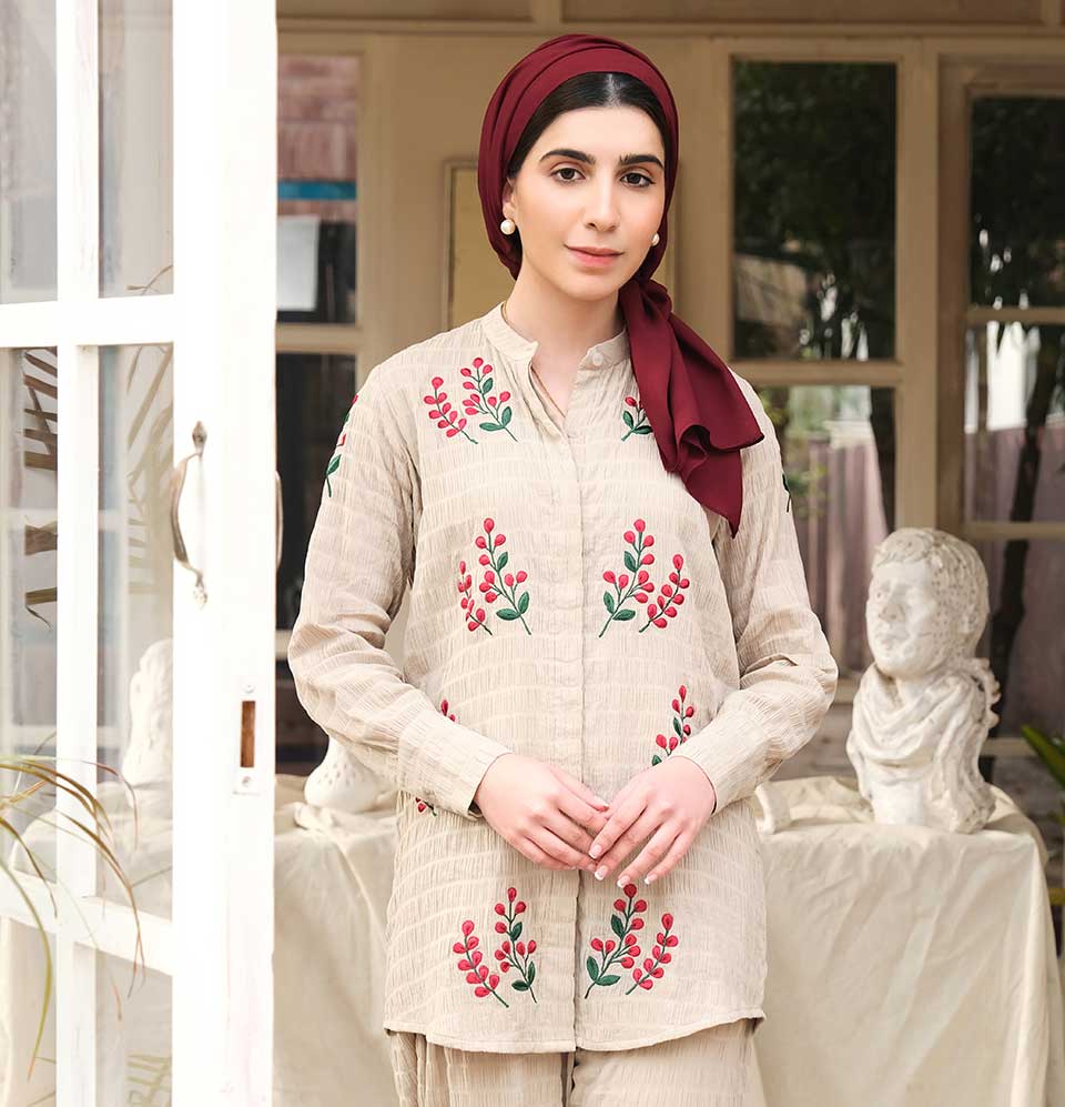Beige Embroidered Co-ord Set - Eshaal Mishkaat