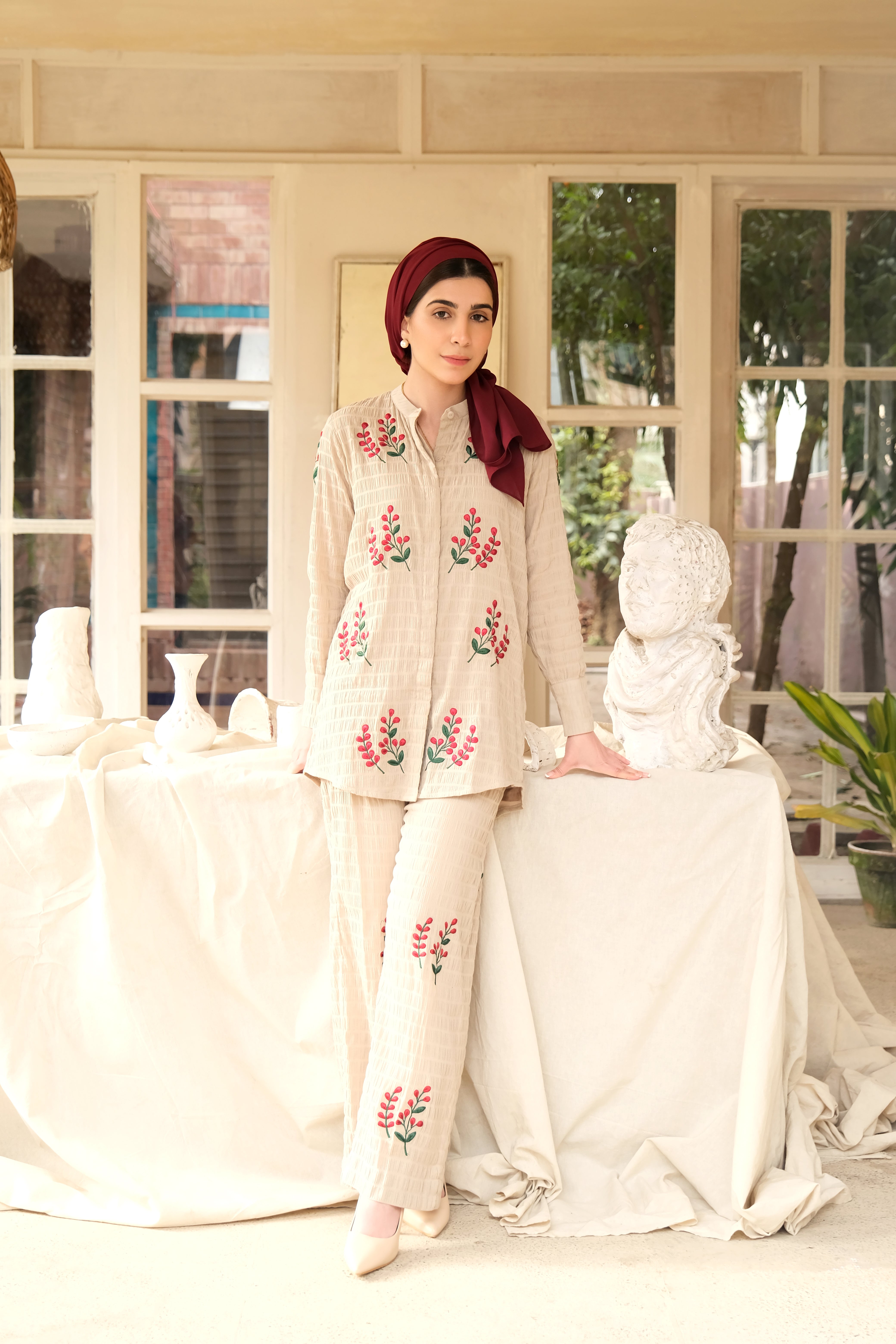 Beige Embroidered Co-ord Set